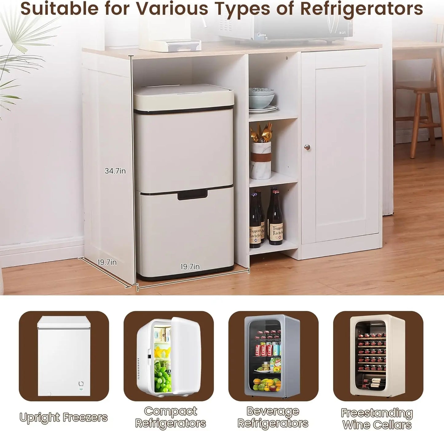 Mini Fridge Cabinet with Storage, Coffee Bar & Power Outlet - Kitchen Beverage Station