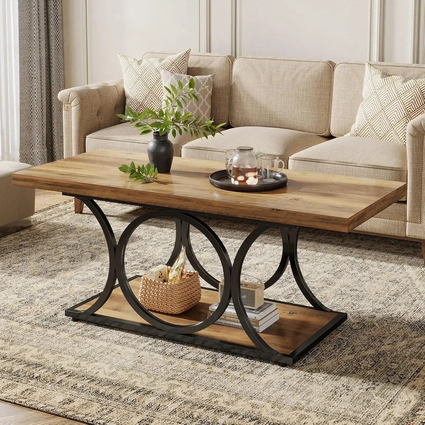 47" Rustic Farmhouse Coffee Table - 2-Tier Wooden Rectangle Center Table