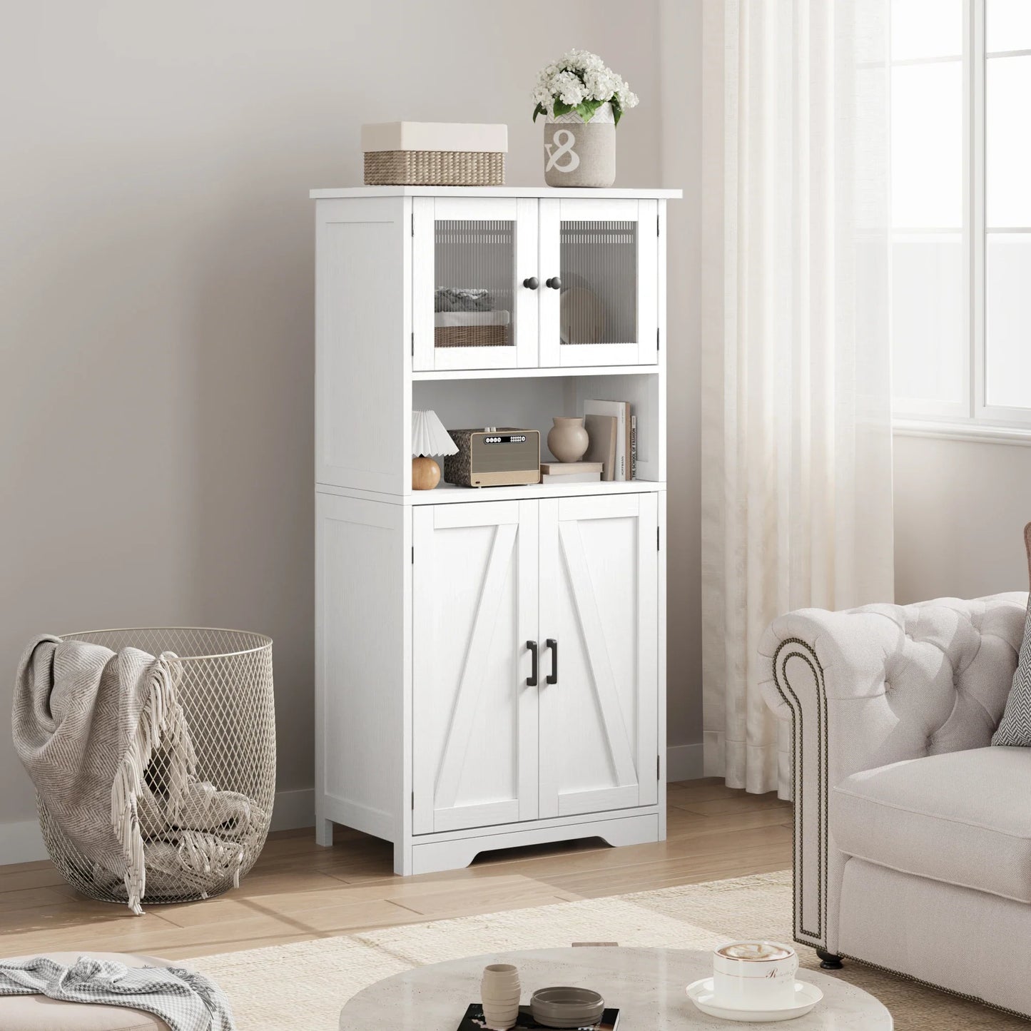 Free Standing Kitchen Pantry Cupboard with 4 Doors with Tempered Glass Doors