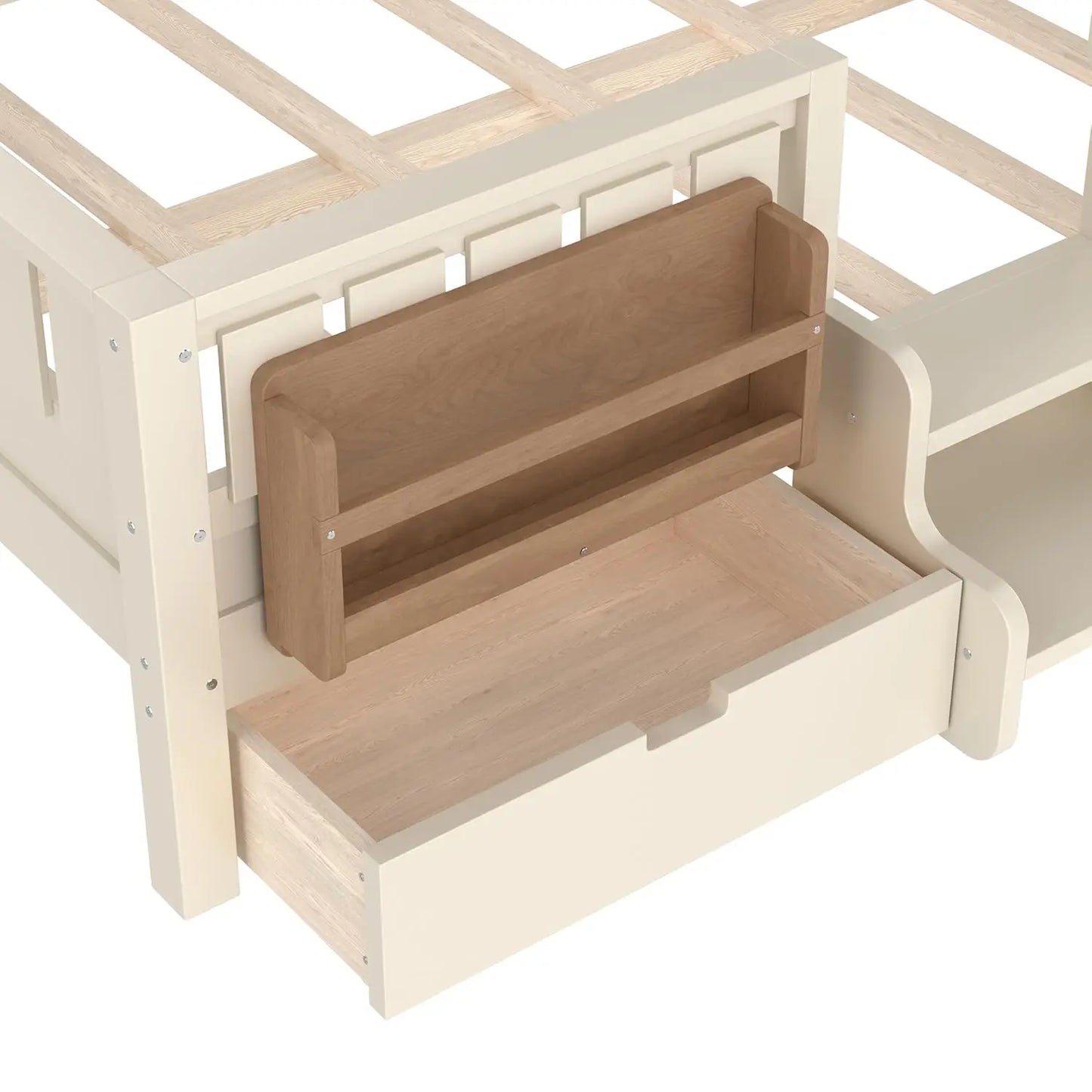 Full Size Kids Montessori Bed Frame with Stairs Bookshelf Drawers Storage Low Profile, 6 different finishes^








differeny