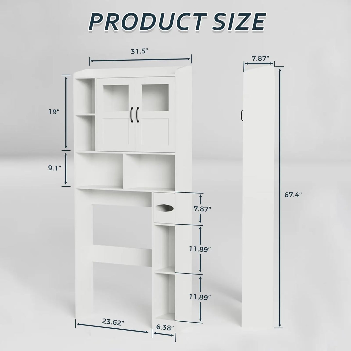 Over Toilet Storage Cabinet With Glass Door, 67.4" Adjustable Bathroom Organizer, Freestanding Cabinet