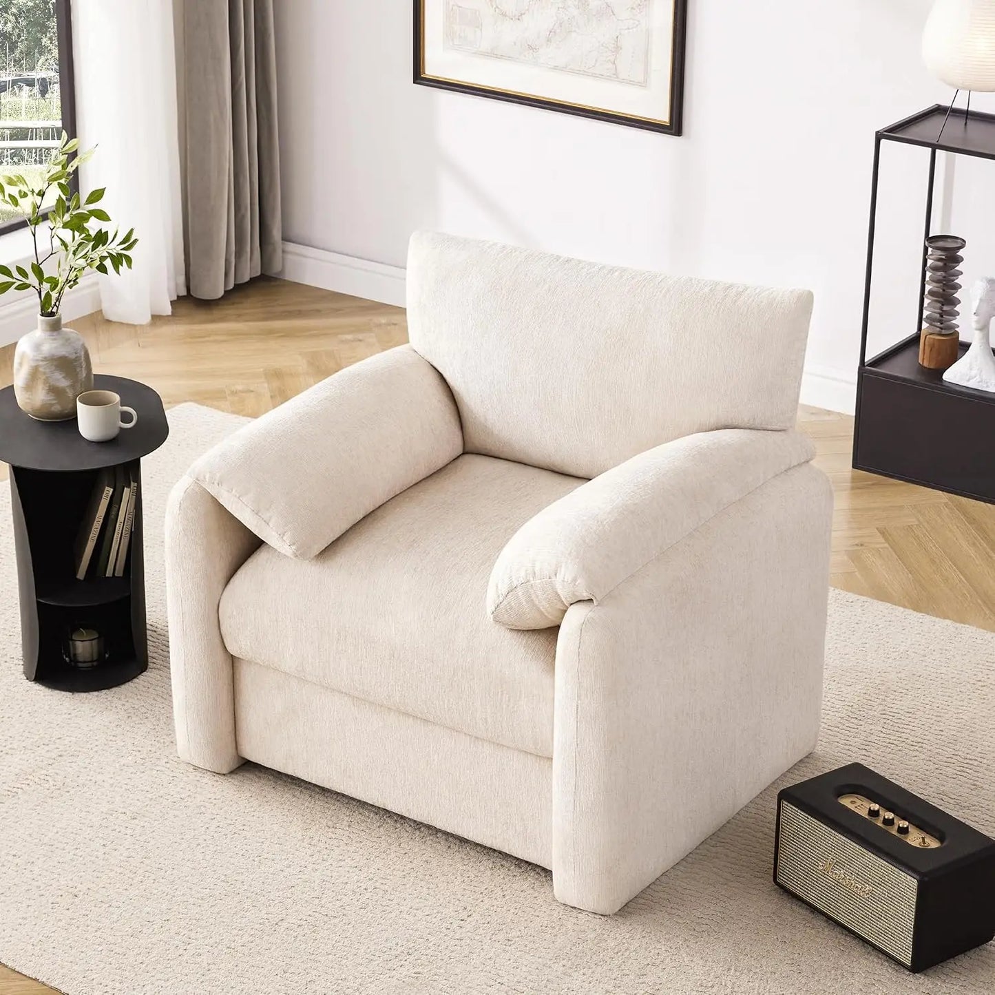 38.6in Chenille Oversized Armchair Mid-Century Upholstered Living Room Bedroom Beige