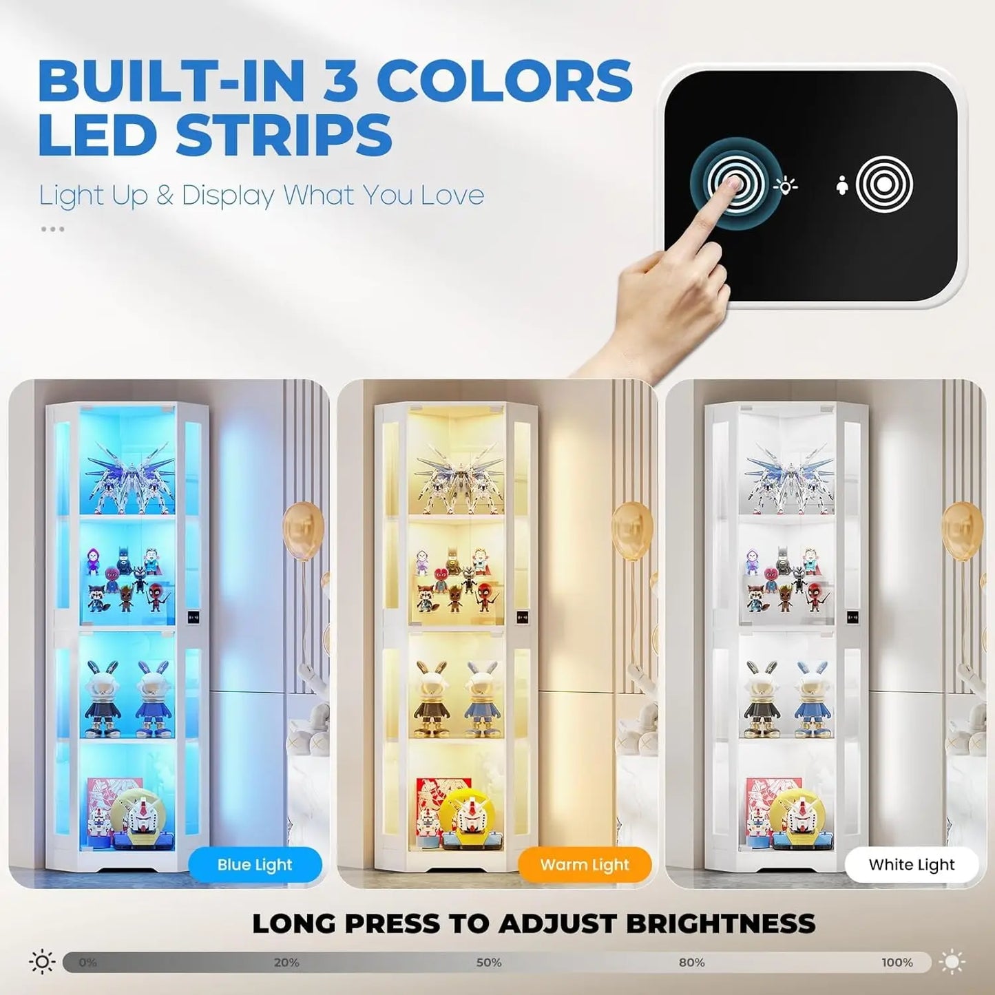 65" Corner Glass Display Cabinet with LED Lights & Motion Sensor, 4-Tier Showcase for Collectibles Figures Liquor