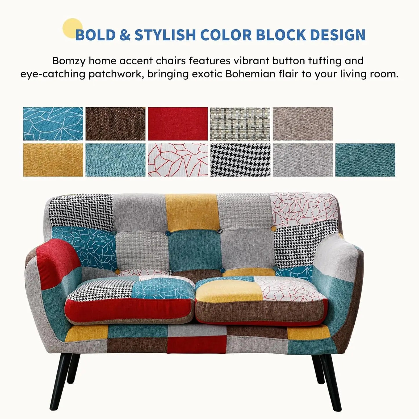 Modern Boho Loveseat Couch for Living Room Bedroom, Upholstered Colorful Plaid Fabric