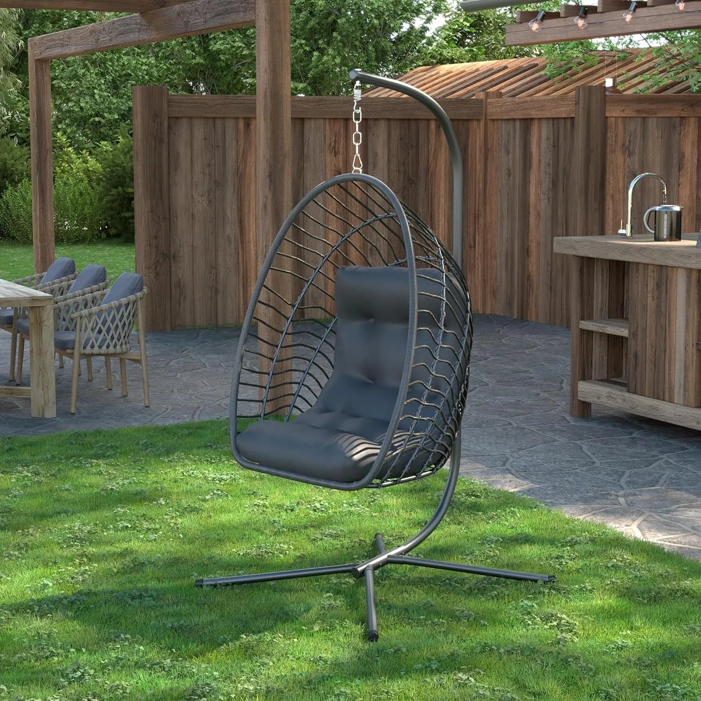 Hanging Egg Chair with Stand Indoor Outdoor, Foldable Rattan Wicker Hammock