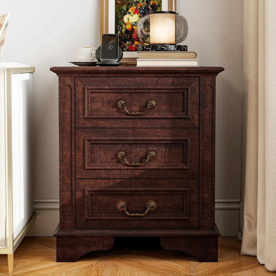 Nightstand with Charging Station Wooden Bedside Table with 3 Drawers  Small Spaces 1 Dark Brown