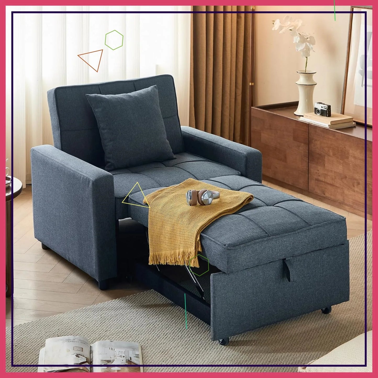 3-in-1 Sleeper Sofa Bed with Reclining Backrest, Convertible Futon Couch,  for Small Spaces (Blue)