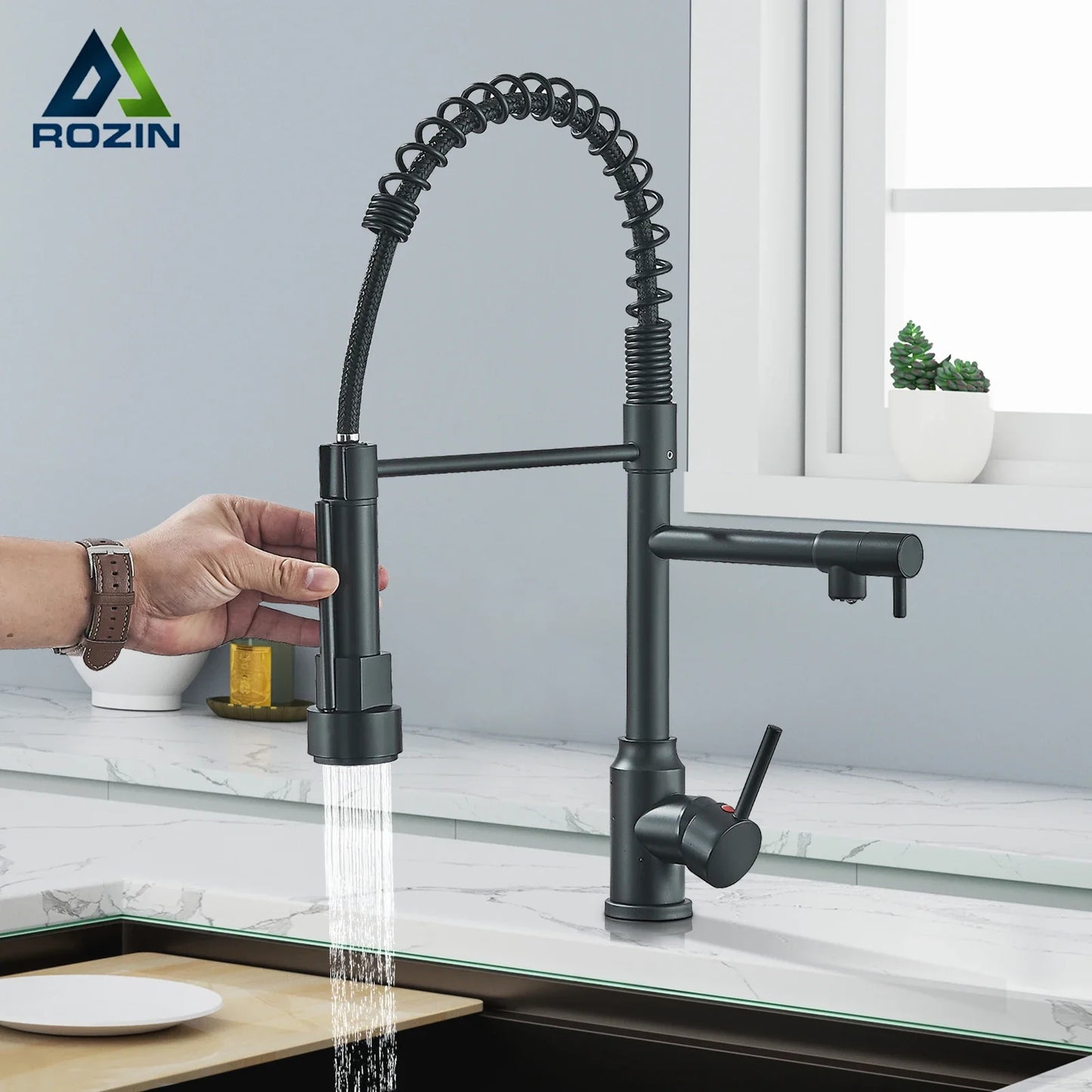Black Kitchen Faucet With Pull Down Spring Sprayer Deck Mounted Hot and Cold Water Mixer