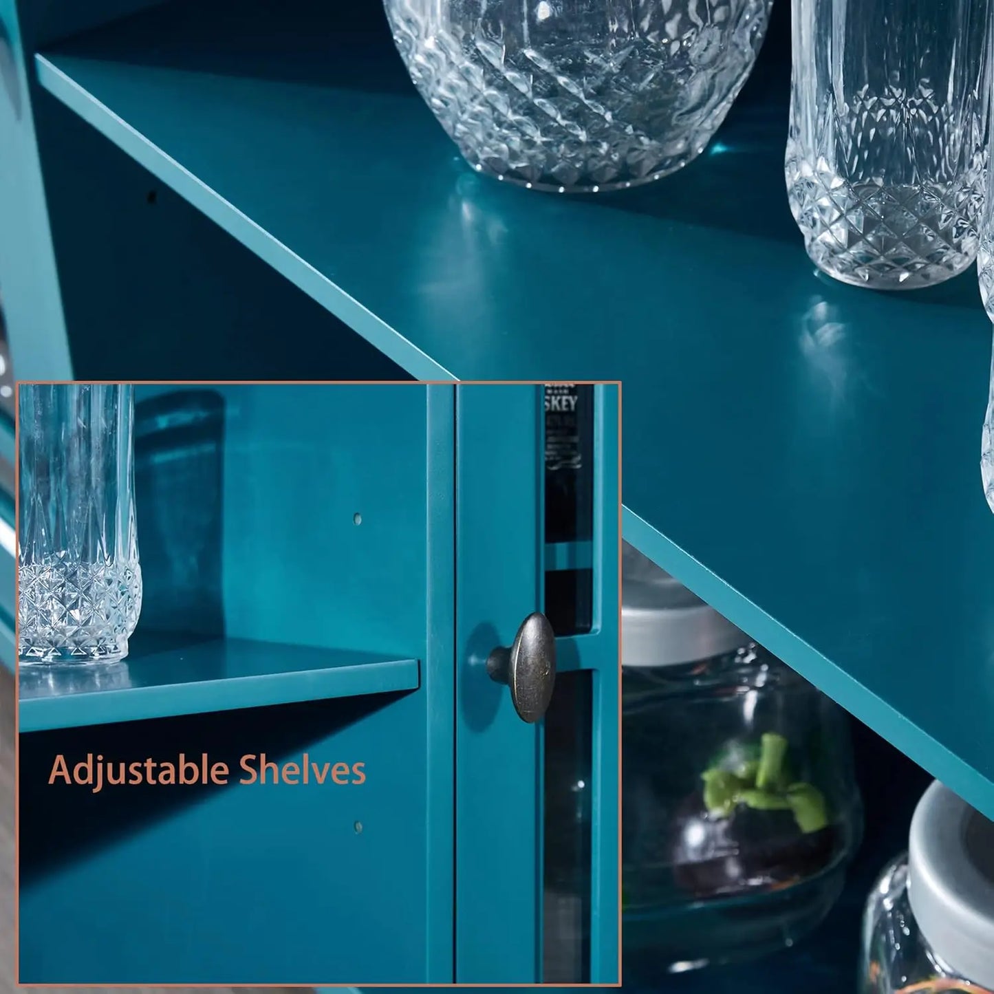 60”W Blue Console Table  Wood Sideboard with Adjustable Shelves and Doors,