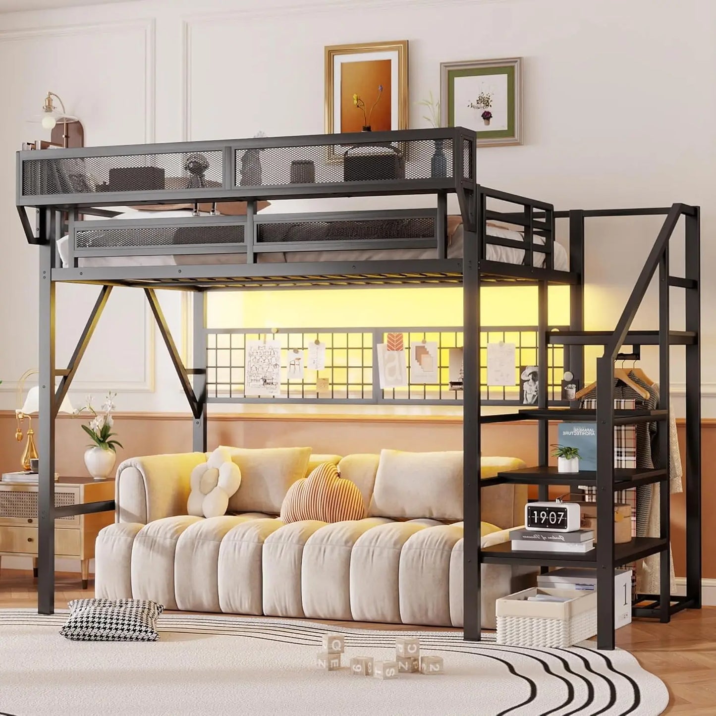 Full Size Loft Bed With Stairs And Storage, Metal Loft Bed Frame WithLarge Under-Bed Space