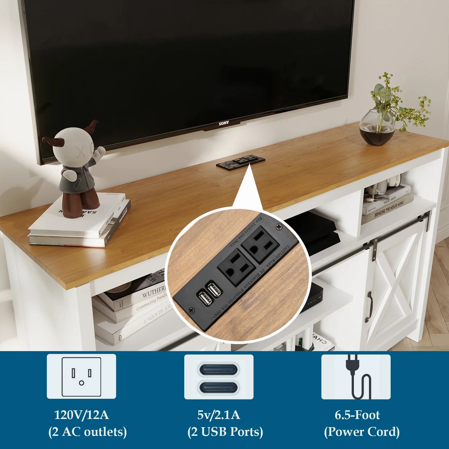 TV Stand Farmhouse Coffee Bar Cabinet Rustic Sliding Barn Door Cabinet with Power Outlet & LED Light