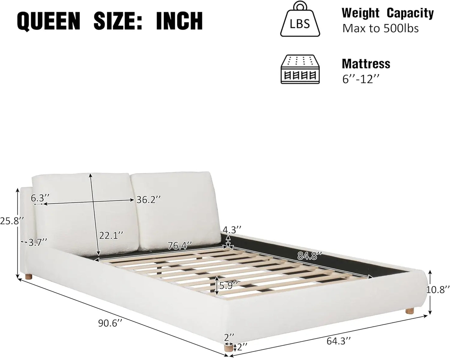 Queen Size Bed Frame with Removable Pillow Headboard,  Platform Cloud Bed, Wood Slats Support,