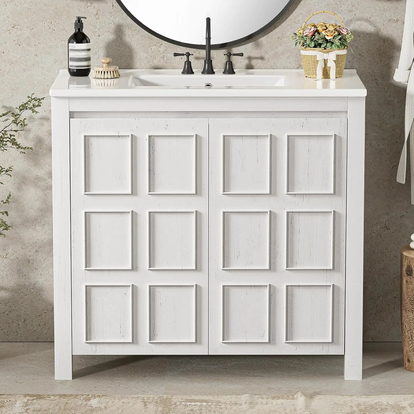 36in Free Standing Bathroom Vanity with Sink Wooden Cabinet Ceramic Basin