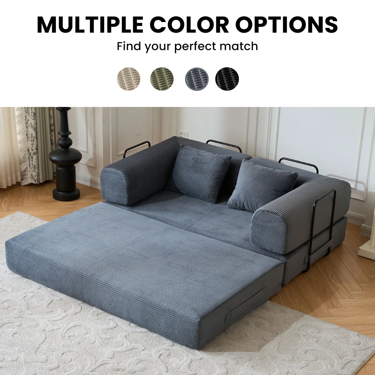 79" Convertible Sofa Bed with Fixed-Shape Frame & Removable Armrests, Modular Corduroy