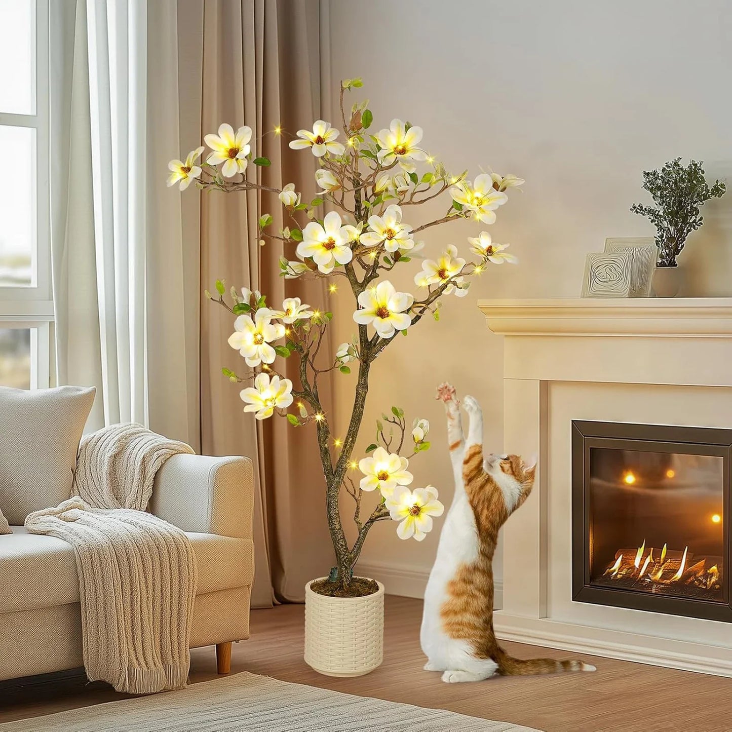Artificial Magnolia Plant Faux Flower Trees  with LED Light for Yard Patio Home
