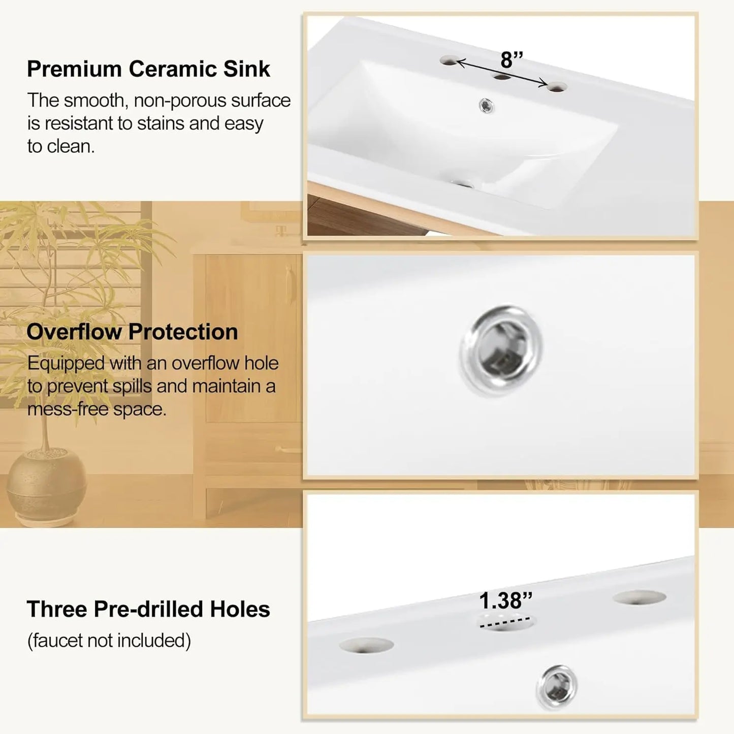 36in Wood Bathroom Vanity with Sink 3 Drawer Storage Adjustable Shelf Natural, Customized,  6 different colors