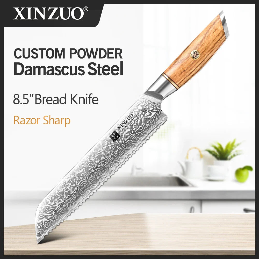 XINZUO 1-8pcs Kitchen Knife Set 73 Layers Custom Damascus Steel  with Olive Wood Handle