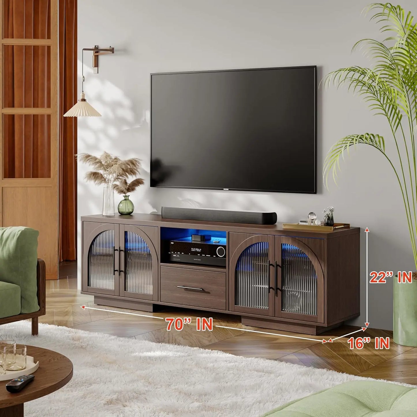 70 Inch TV Stand for 80 Inch TVs Entertainment Center with LED Lights Arched Glass Doors