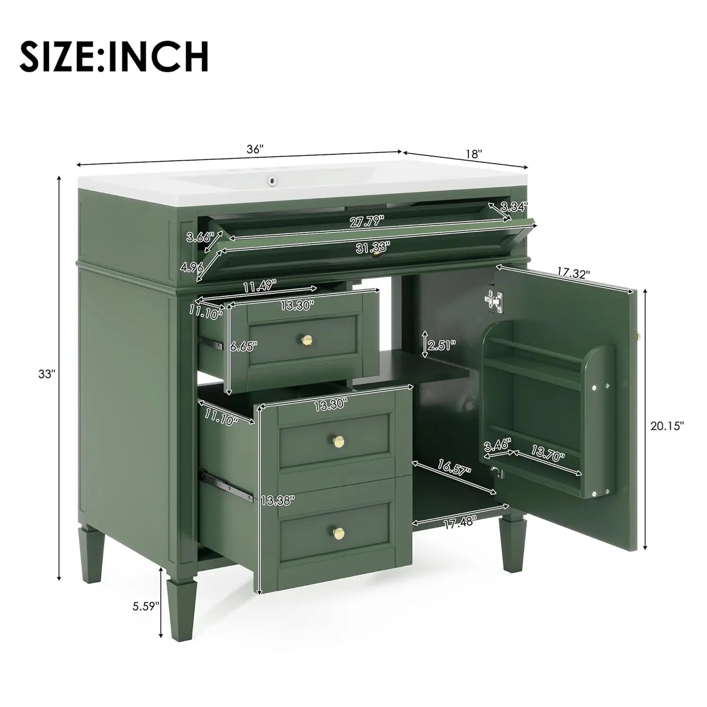 36in Solid Wood Bathroom Vanity with Soft-Close Doors & Tip-Out Drawer Undermount Sink Cabinet Green