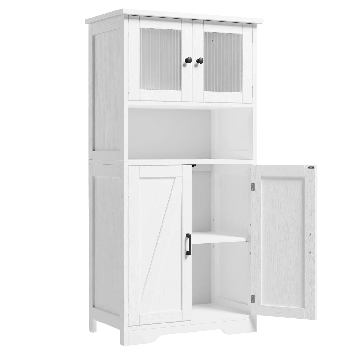 Free Standing Kitchen Pantry Cupboard with 4 Doors with Tempered Glass Doors