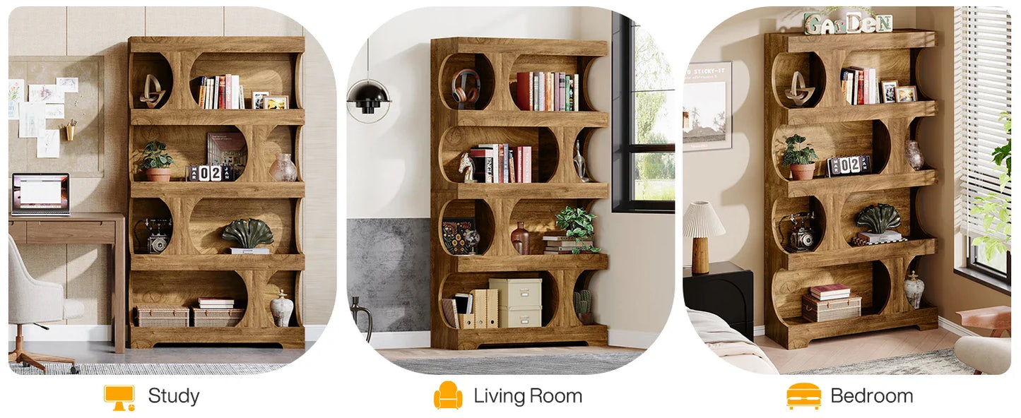 Tribesigns 71" Tall Bookcase, 4-Tier S-Shaped Bookshelf, Wood Modern Freestanding Display Shelves
