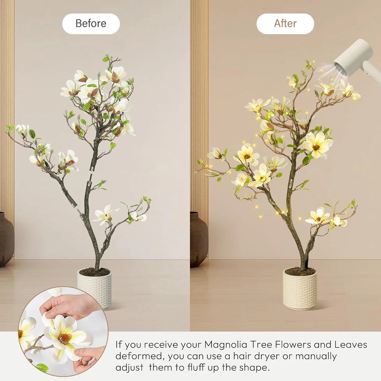 Artificial Magnolia Plant Faux Flower Trees  with LED Light for Yard Patio Home