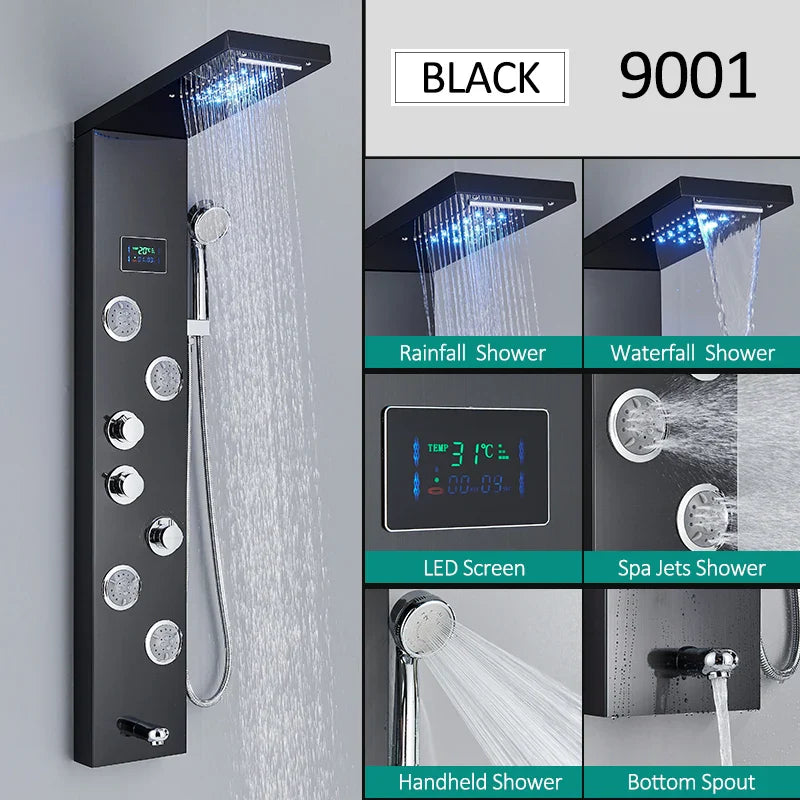 LED Shower Panel Tower System Rain Waterfall Shower LCD Display With Massage  Shower Faucet
