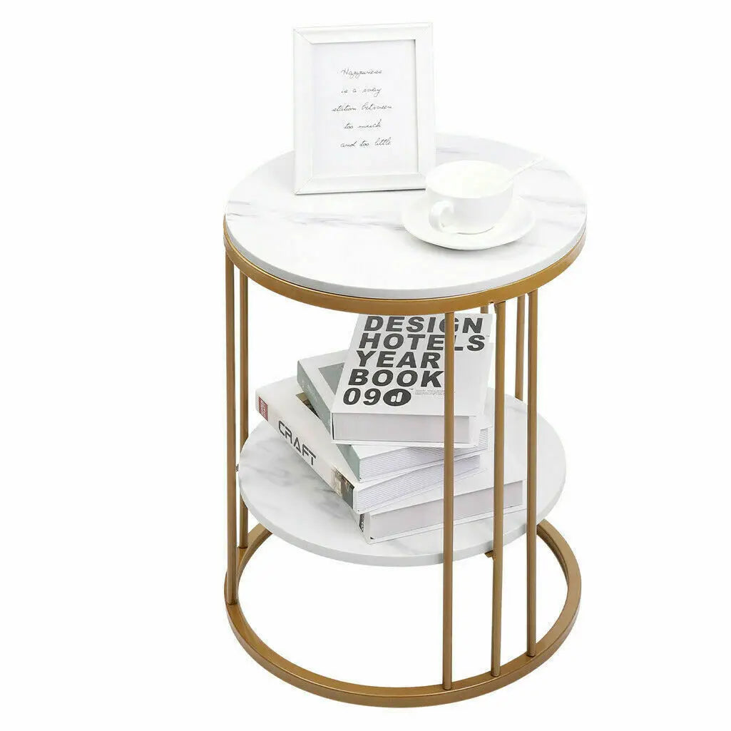 2-Tier White Marble Side Table Round Coffee Table