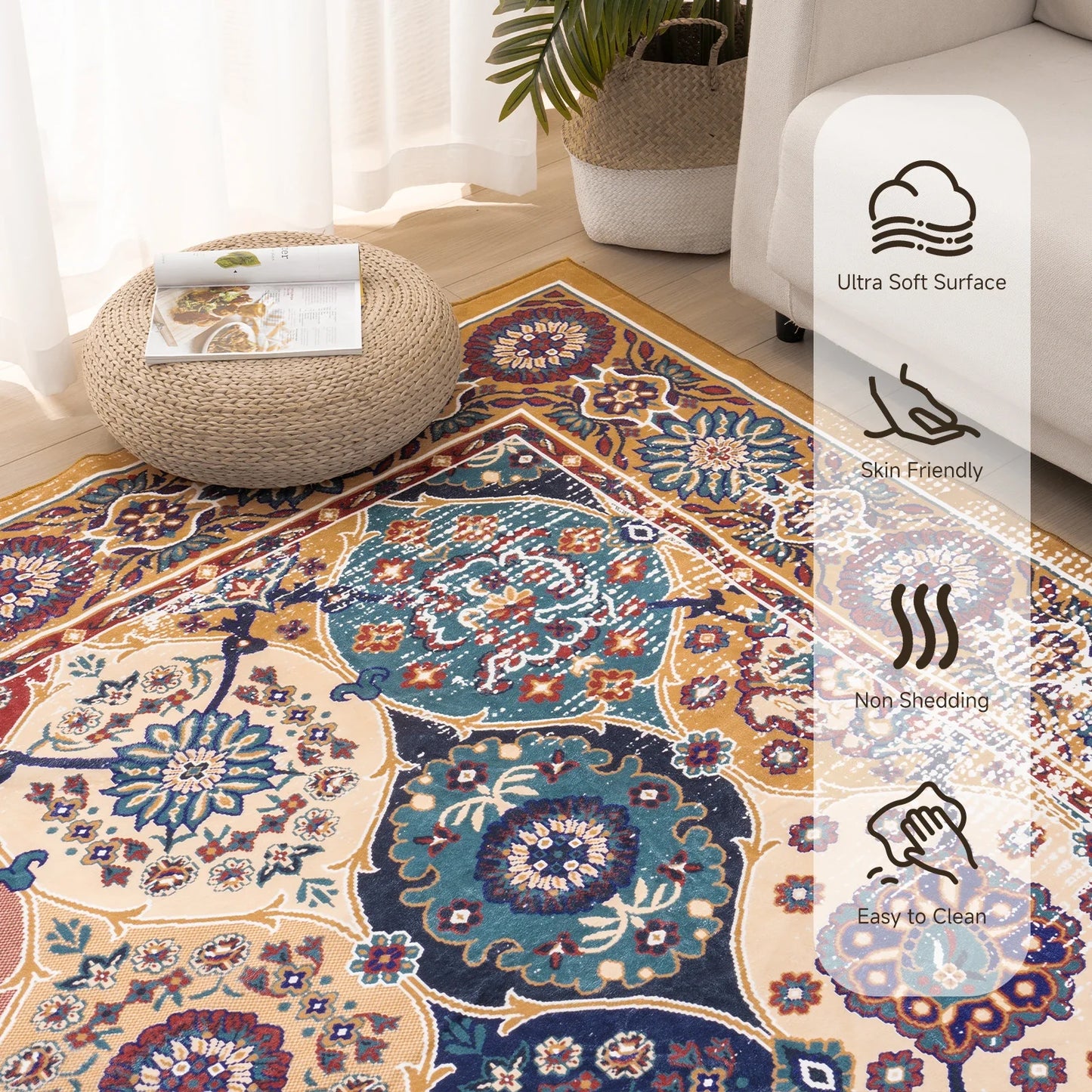 Washable Vintage Medallion Small Rug with Non-Slip Backing