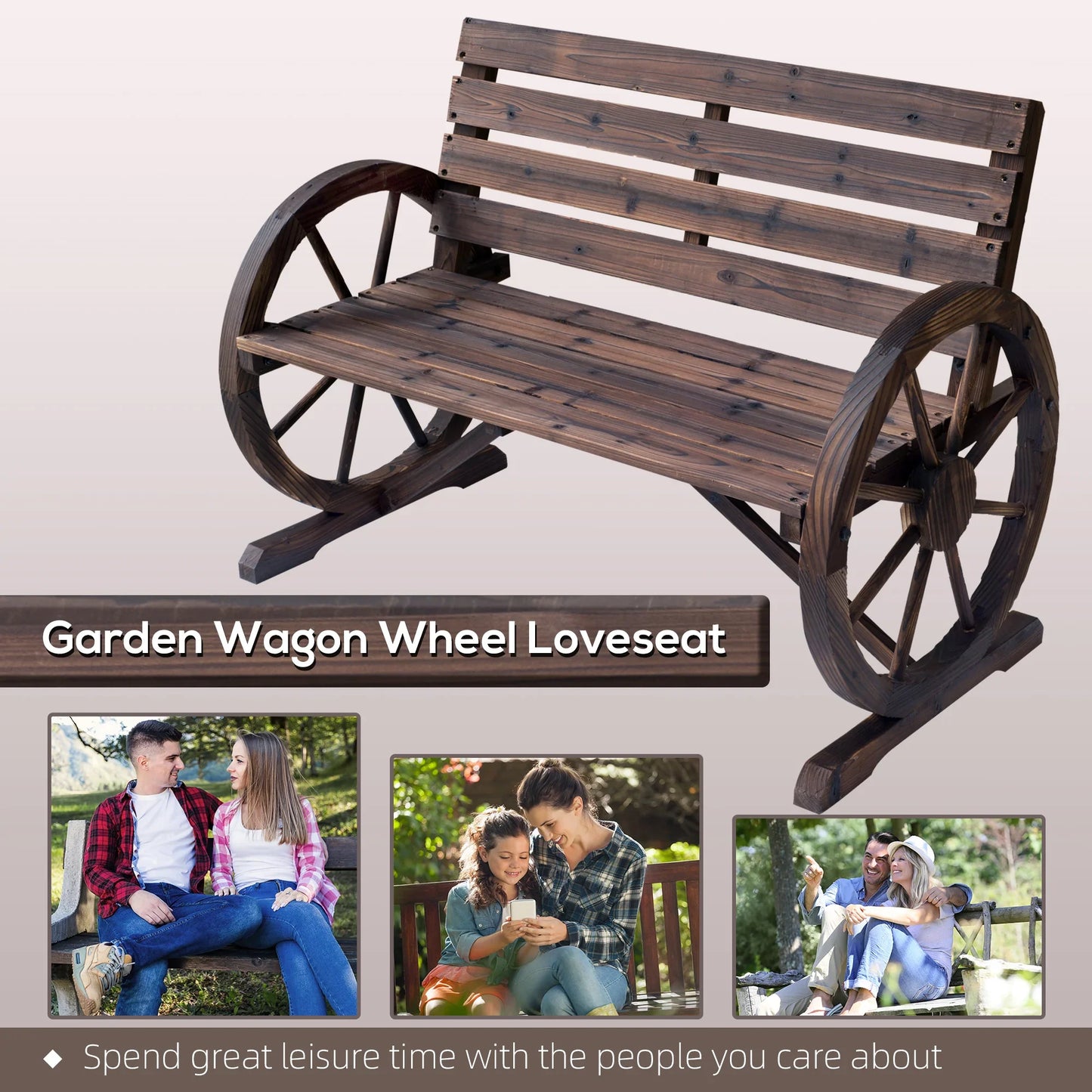 Outdoor Rustic Fir Wood Bench with Wagon Wheel Armrests Weather Resistant 550 Lbs Capacity 2 Seater