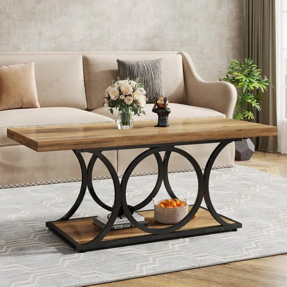 47" Rustic Farmhouse Coffee Table - 2-Tier Wooden Rectangle Center Table