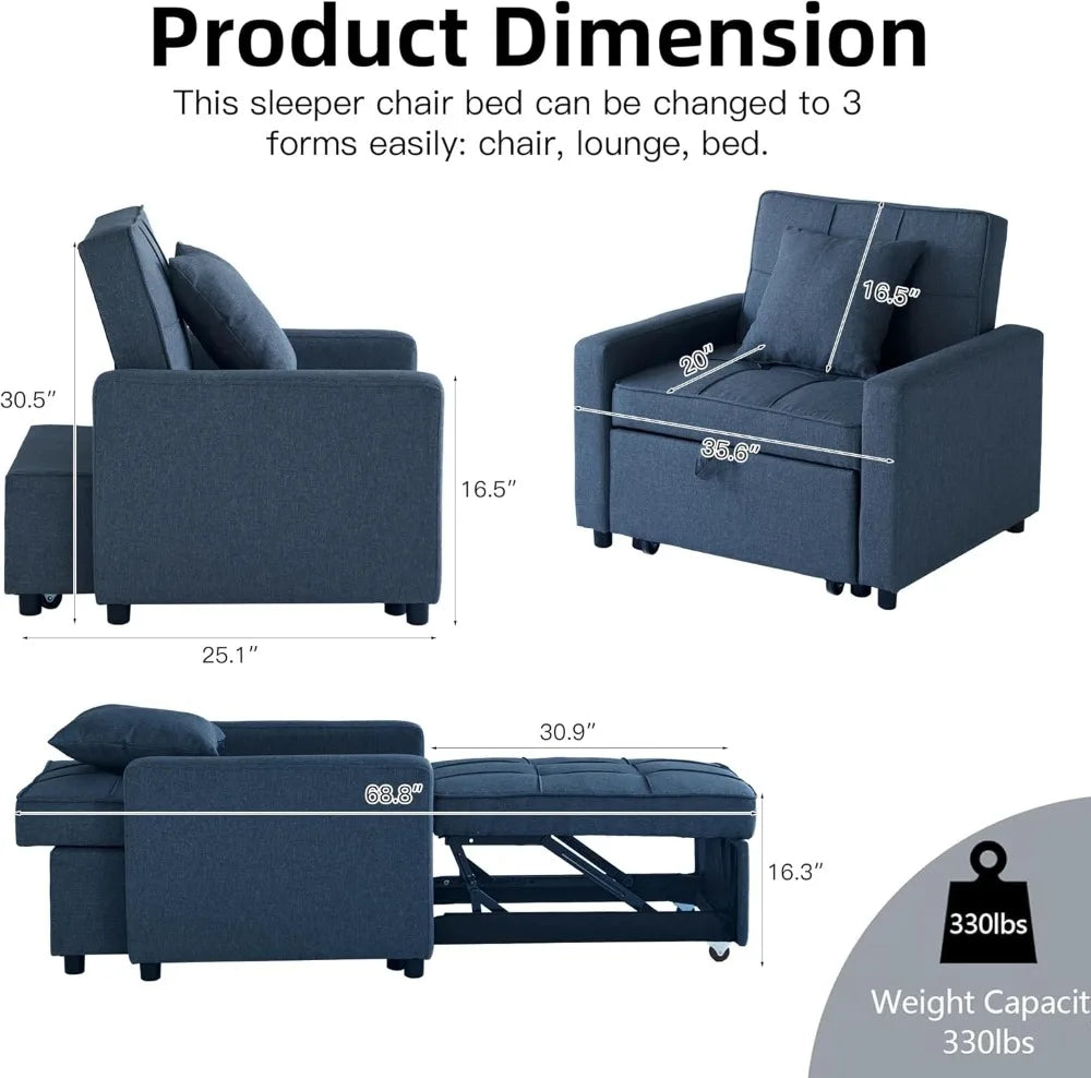 3-in-1 Sleeper Sofa Bed with Reclining Backrest, Convertible Futon Couch,  for Small Spaces (Blue)