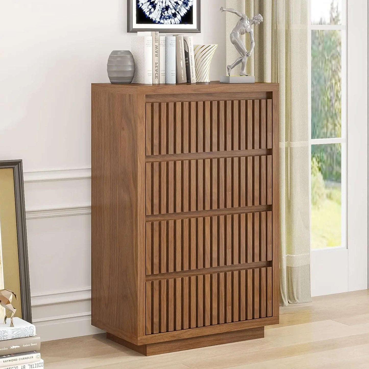 Fluted Long 9 Drawer Dresser, for Bedroom, 58" Wide Vintage Chest of Drawers