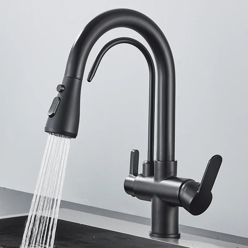 Quyanre Matte Black Filtered Crane For Kitchen Pull Out Spray 360 Rotation Water Sink Mixer Kitchen Faucet