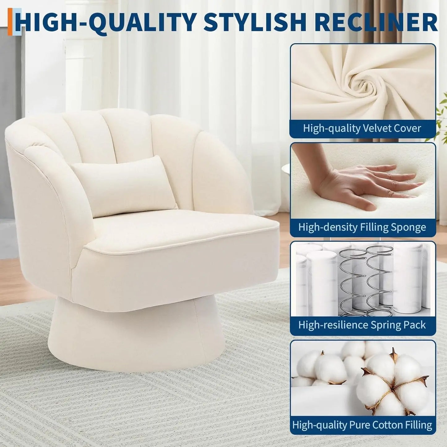 360° Swivel Barrel Accent Chair Modern Round Armchair with Striped Backrest & Plush Padding Velvet Fabric