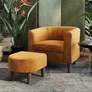 Accent Chair Ottoman Set: Chenille Barrel Chair with Foot Rest,  Upholstered