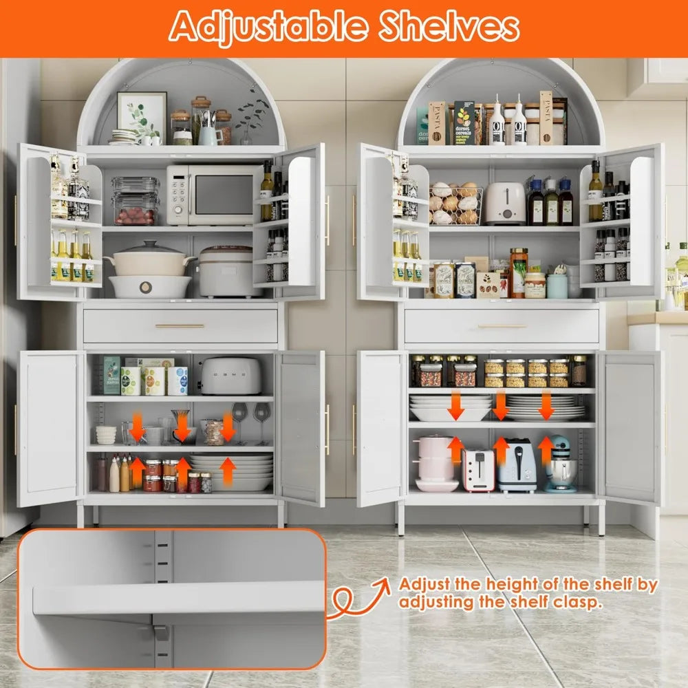 73" White Arched Pantry Cabinet with Drawer, Adjustable Shelves for Kitchen Living Room Storage