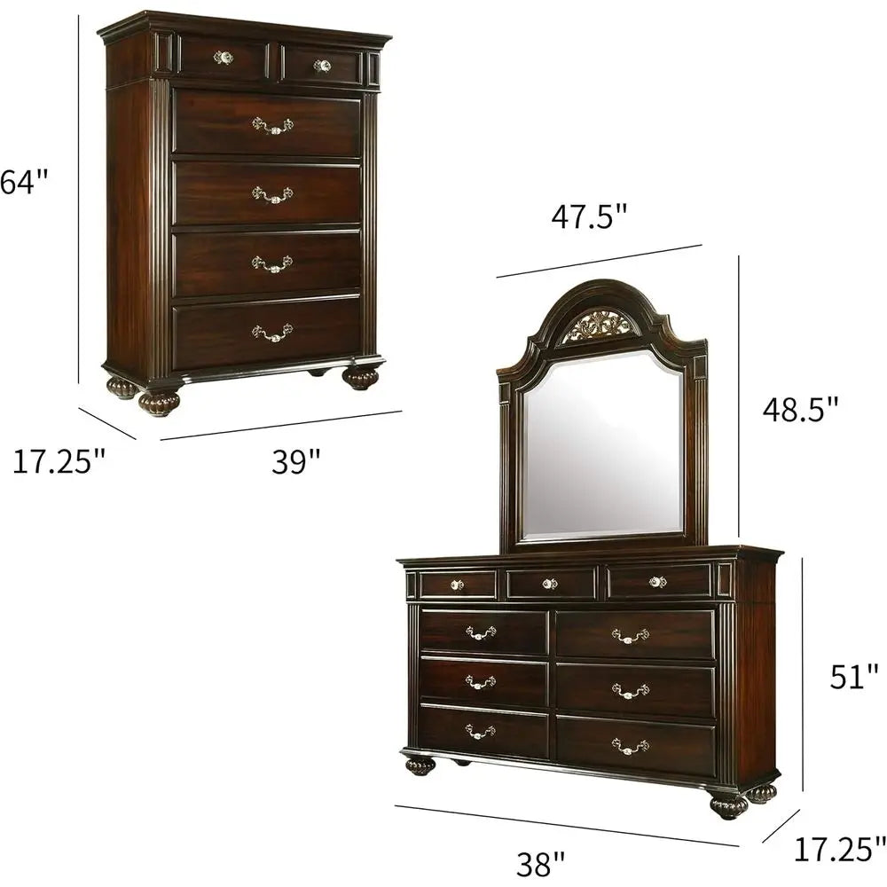 6-Piece Solid Wood Traditional Bedroom Set with Chest, Mirrored Dresser, 2 Nightstands,