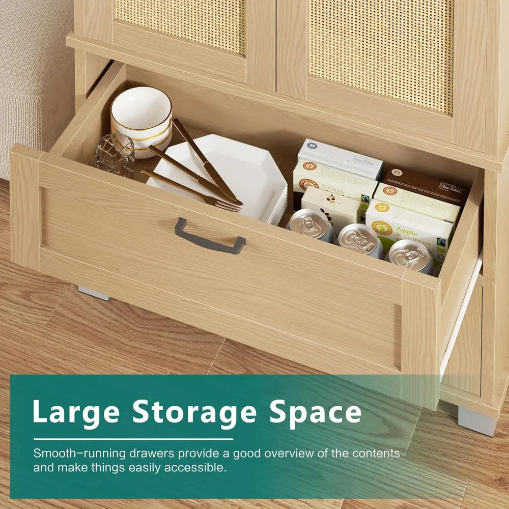 Wood Pantry Cabinet with Rattan Doors, Freestanding Tall Storage Cabinets,