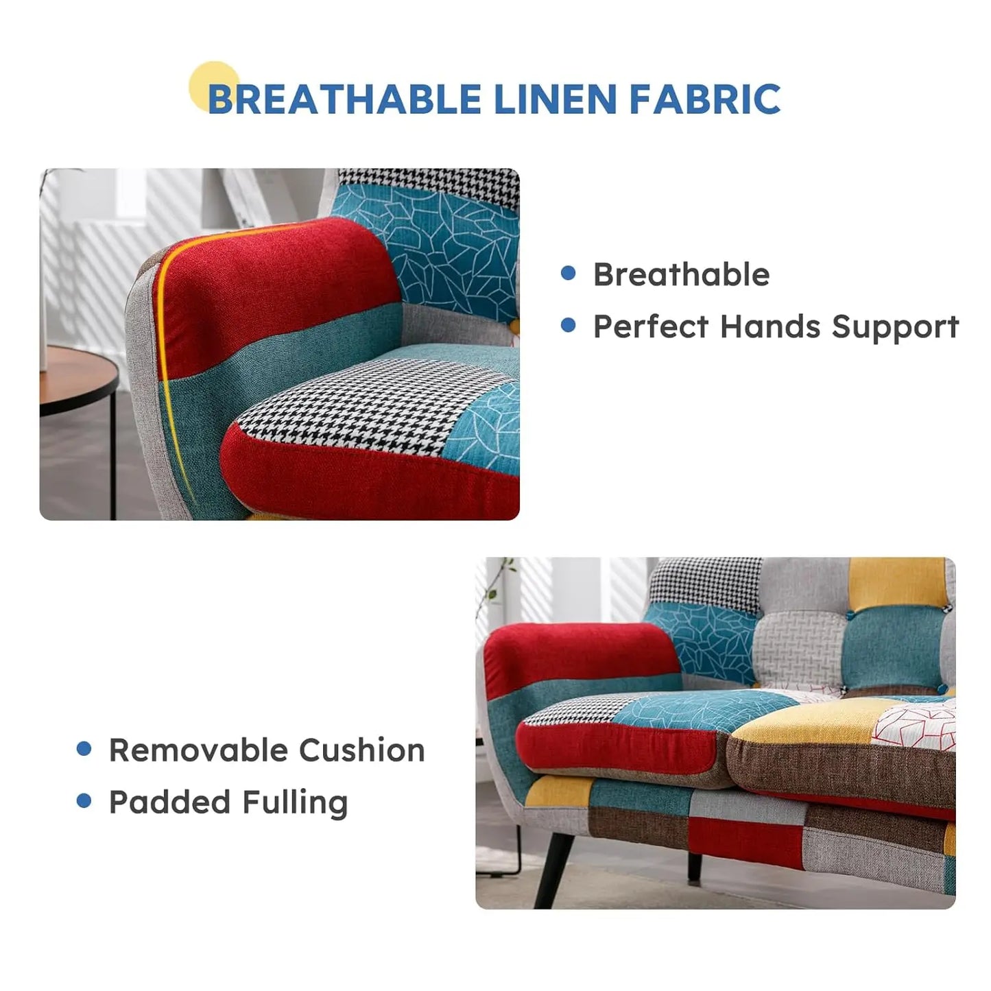 Modern Boho Loveseat Couch for Living Room Bedroom, Upholstered Colorful Plaid Fabric