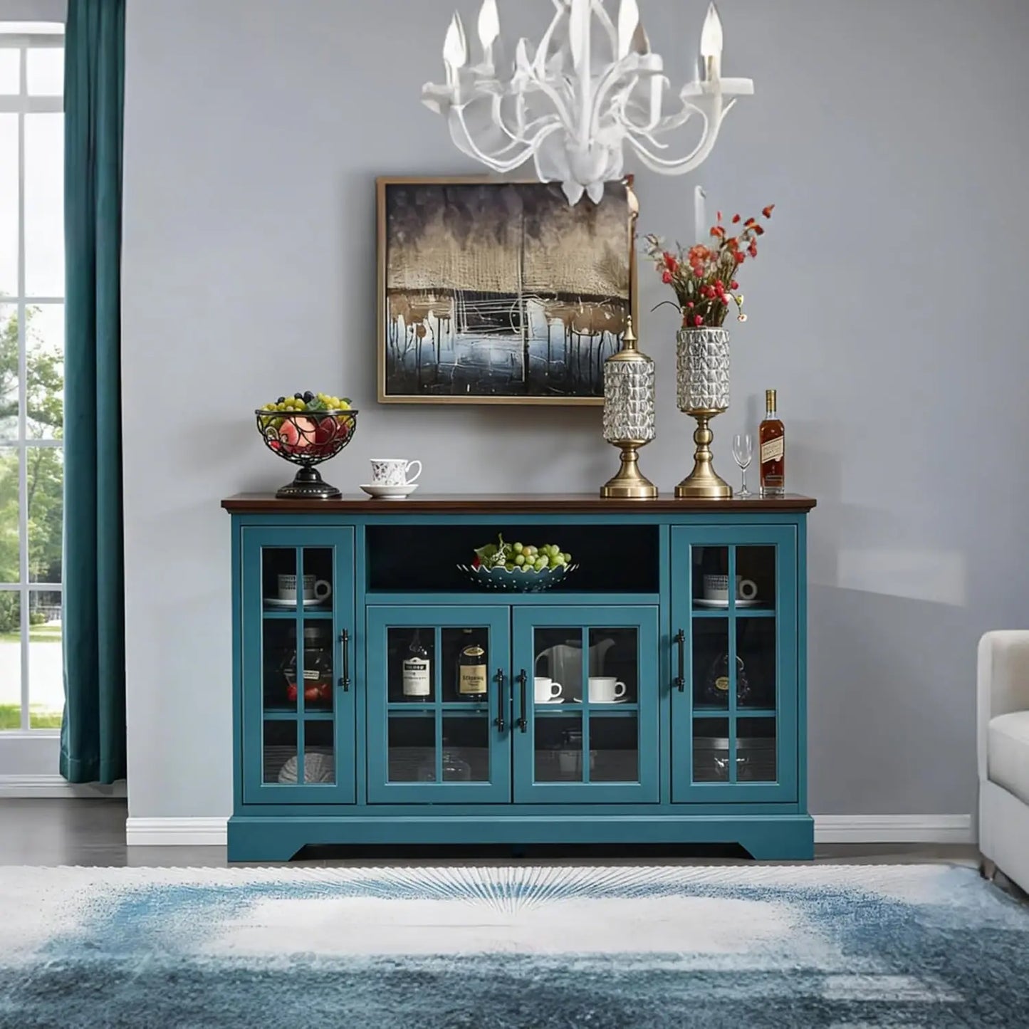 60”W Blue Console Table  Wood Sideboard with Adjustable Shelves and Doors,