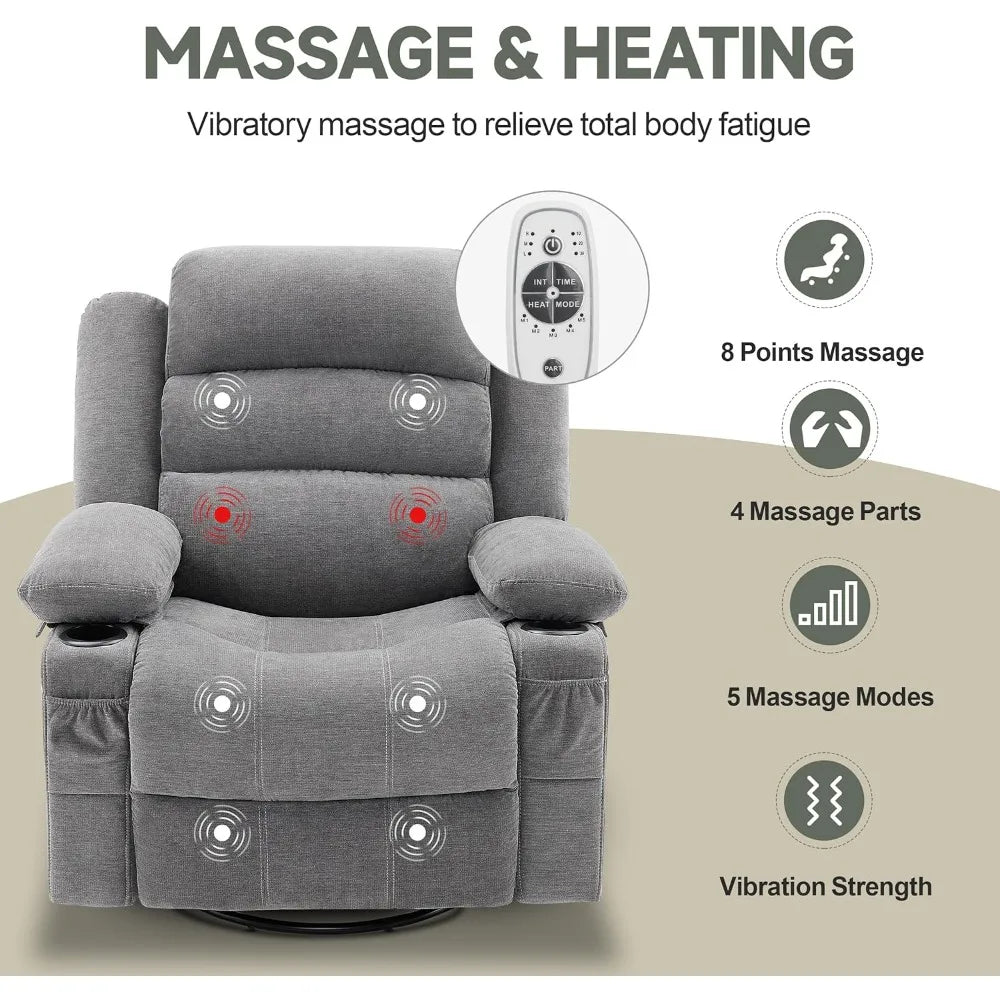 Rocker Recliner Chair with Heat and Massage,360° Swivel  with Cup Holder