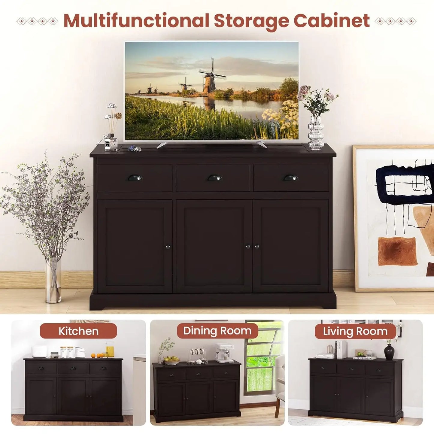 Kitchen Buffet Sideboard, Wood Storage Cabinet w/ 3 Drawers and 2 Cupboards,