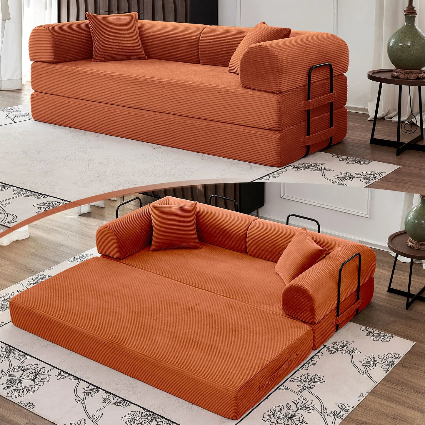 79" Convertible Sofa Bed with Fixed-Shape Frame & Removable Armrests, Modular Corduroy