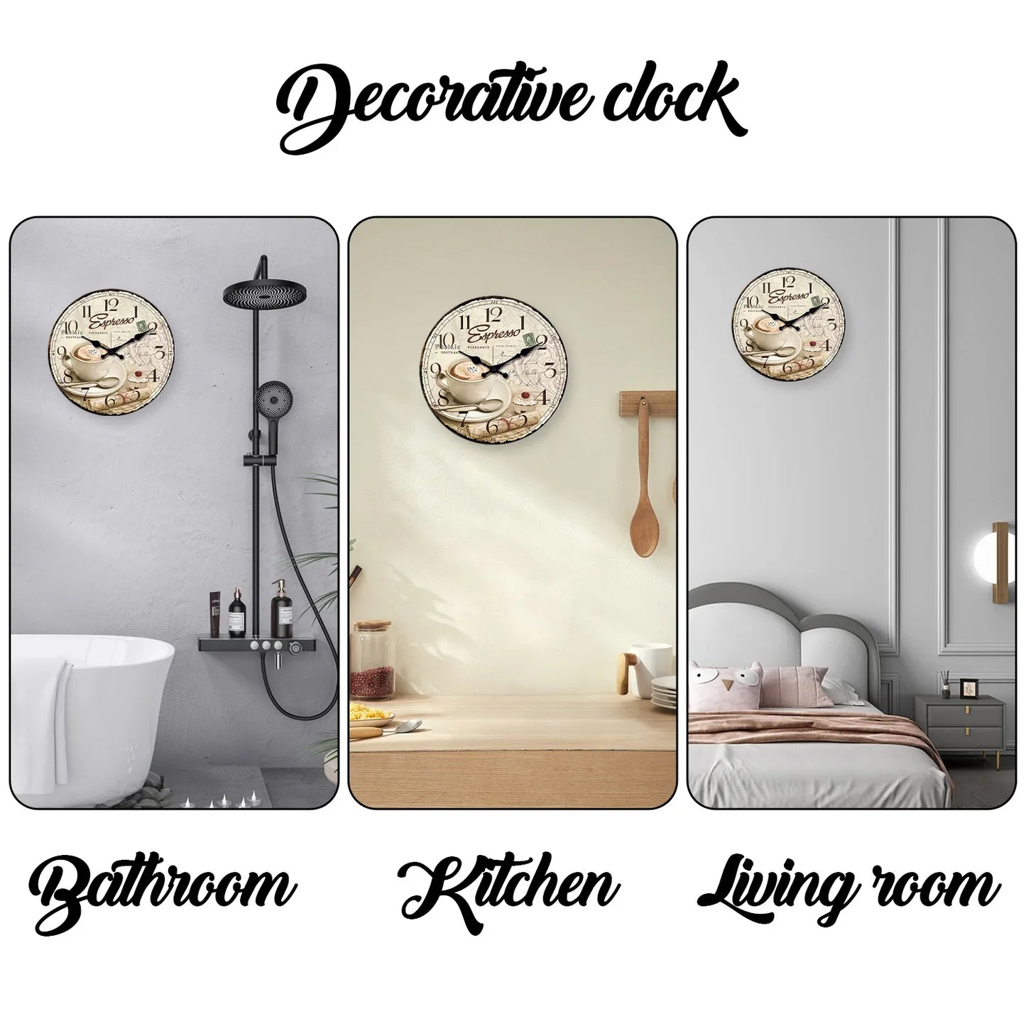 European Retro Coffee Cup Pattern Wooden Wall Clock for Kitchen, Home Decoration, Silent Quartz Clock,