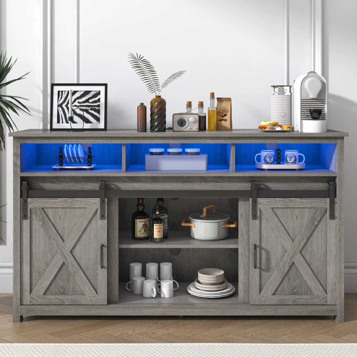 TV Stand Farmhouse Coffee Bar Cabinet Rustic Sliding Barn Door Cabinet with Power Outlet & LED Light