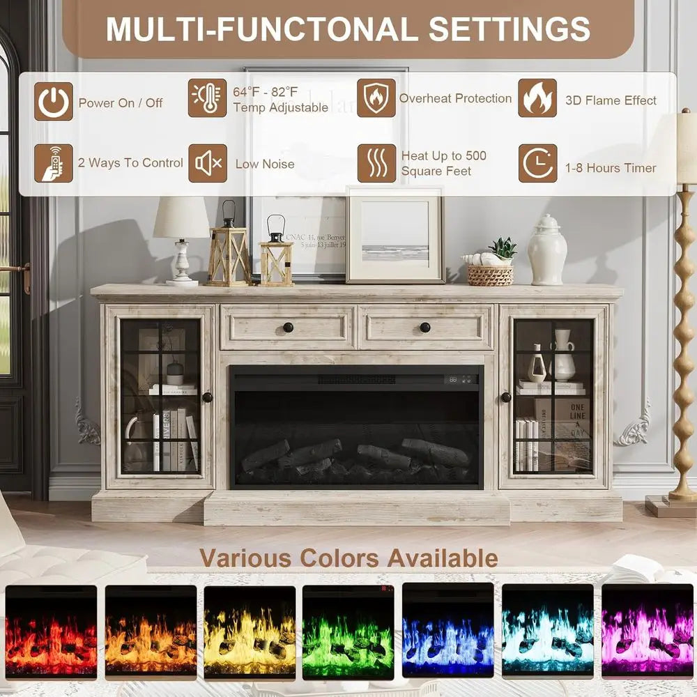 Modern 70 Farmhouse TV Stand with 36 LED Electric Fireplace, Storage Cabinet & Drawer for 80 TVs