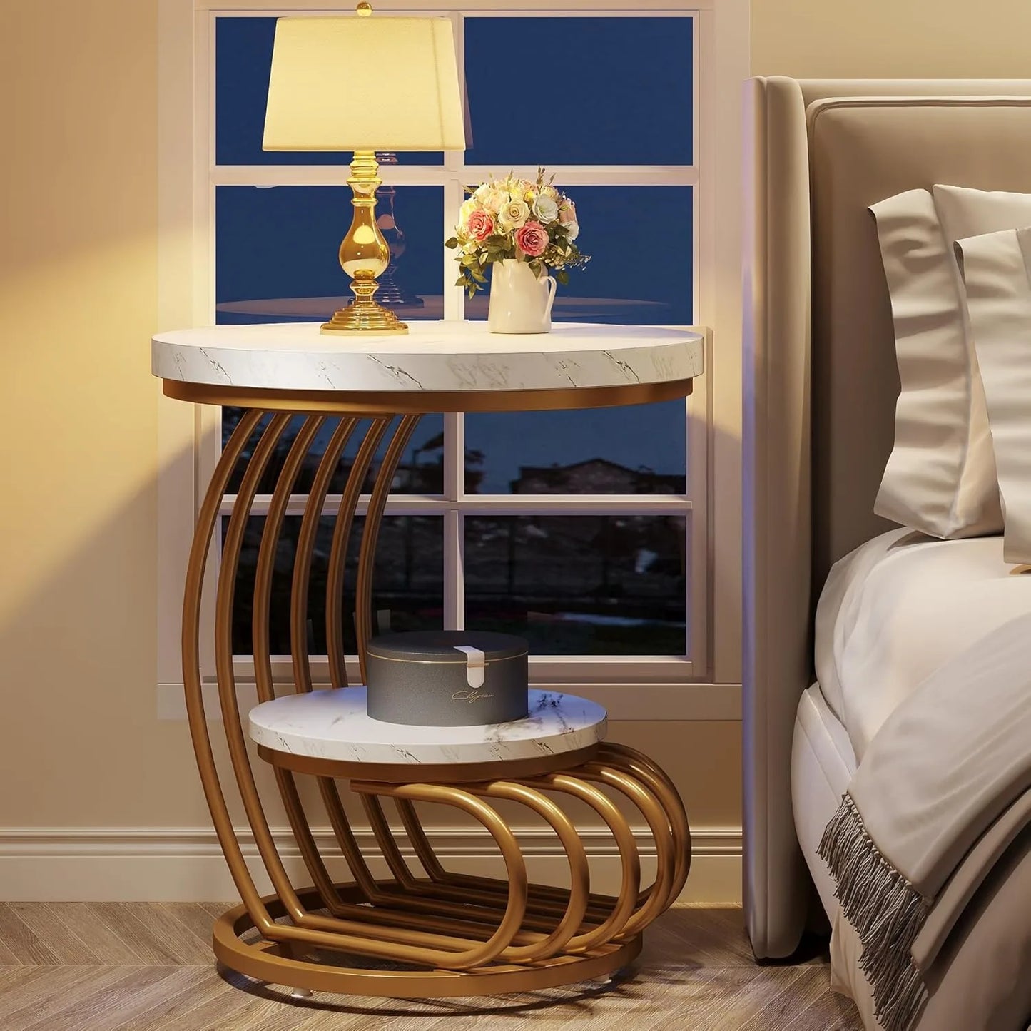 Round End Side Table: Side  Small Bedside Table Accent Table with Arc-Shaped Frame
