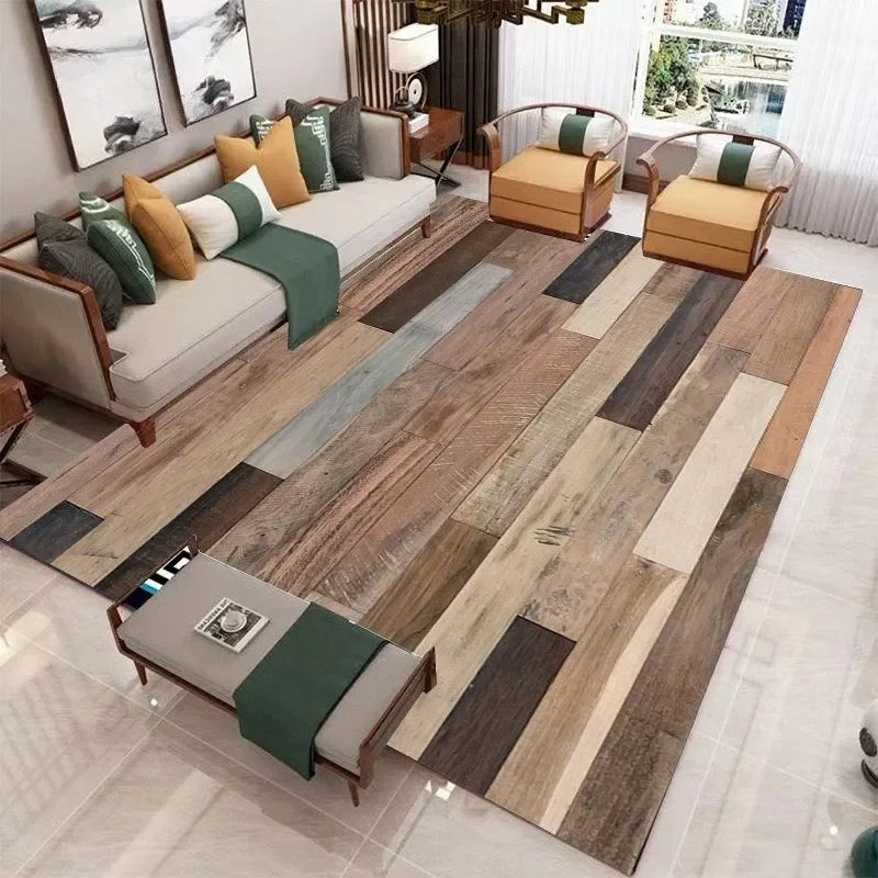 Rectangular Staggered 3d Planks Carpet Geometric Wood Grain Non-Slip Floor Rug