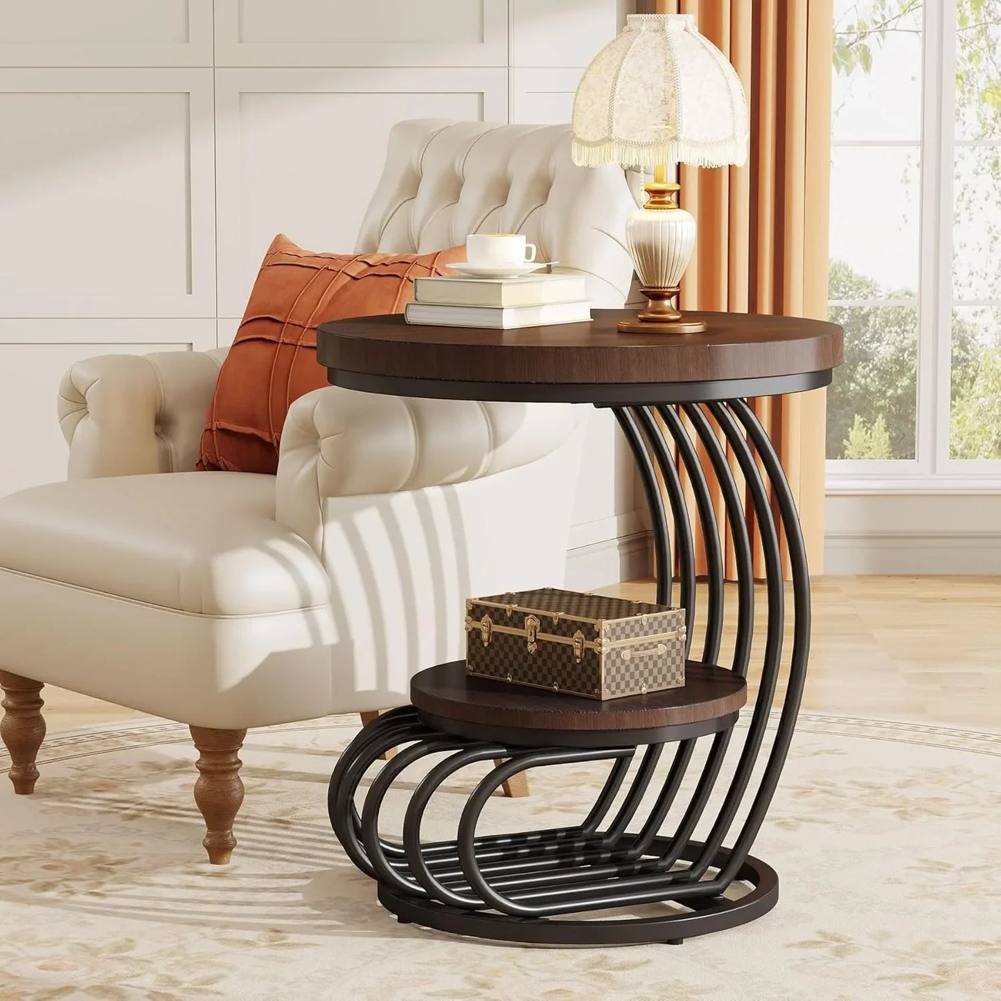 Round End Side Table: Side  Small Bedside Table Accent Table with Arc-Shaped Frame